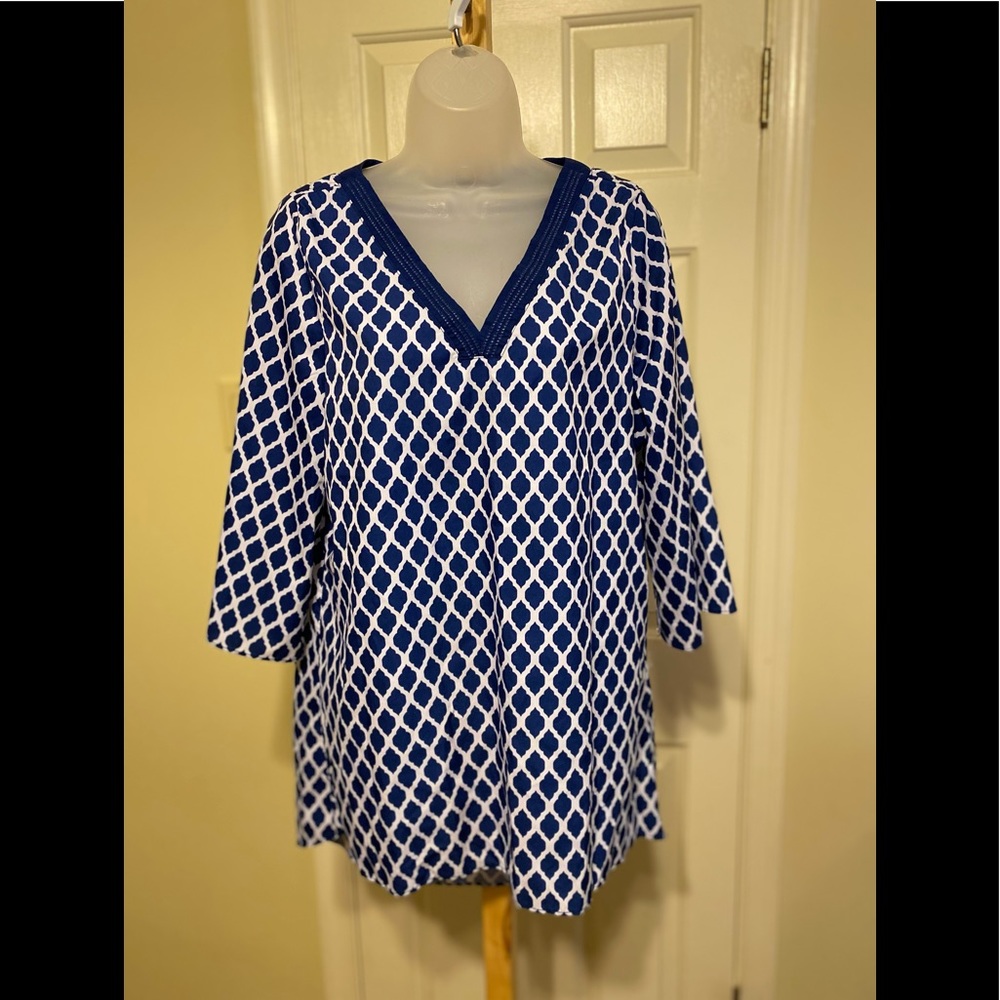 Retro Threads - Lovely blue & white v-neck tunic, Size: L